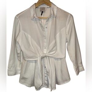 Anthropologie HD in Paris 100% Cotton Tie Front Button Up Blouse White 4 Preppy
